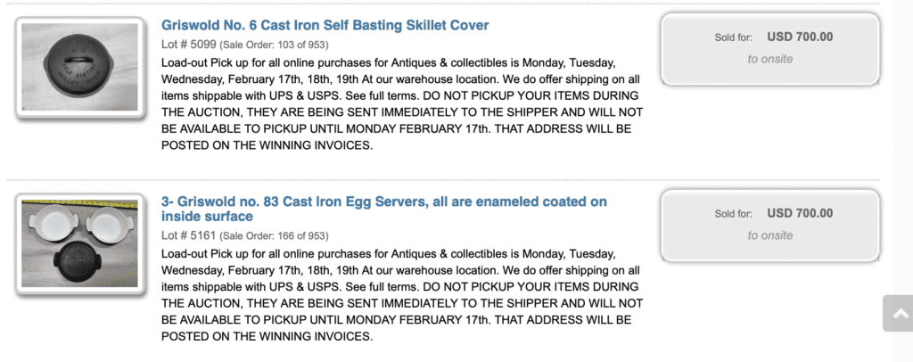 Griswold number 6 self-basting skillet lid cover (sold for $700), 3 Griswold number 83 cast iron enameled egg servers (sold for $700)